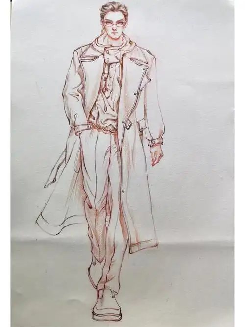 p12手绘彩铅水彩男装风衣附秀场和线稿