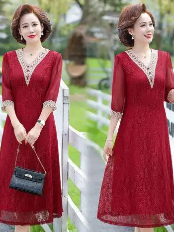 405060岁妈妈连衣裙短袖薄款裙子洋气中年妈妈装夏装连衣裙中长裙夏季