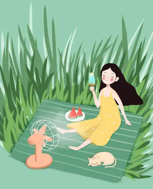 手绘卡通夏天户外女孩猫咪野餐插画