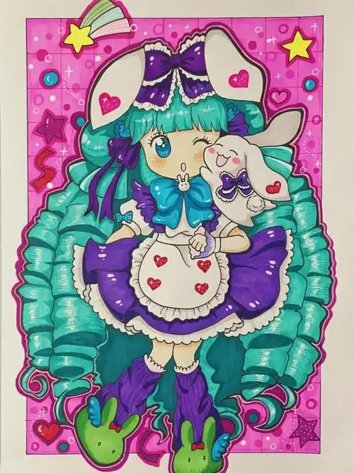 动漫女孩马克笔手绘临摹上色过程