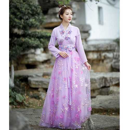 高档汉服女古装飘逸超仙气中国风古风襦裙舞蹈演出服装紫色连衣裙