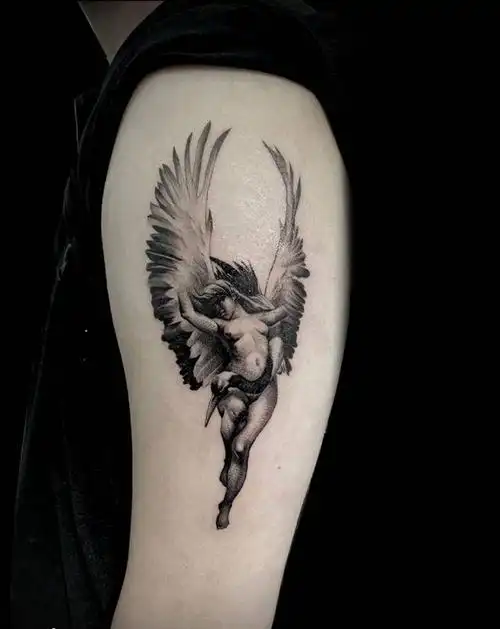 单针天使纹身图片_手臂欧美写实纹身图案