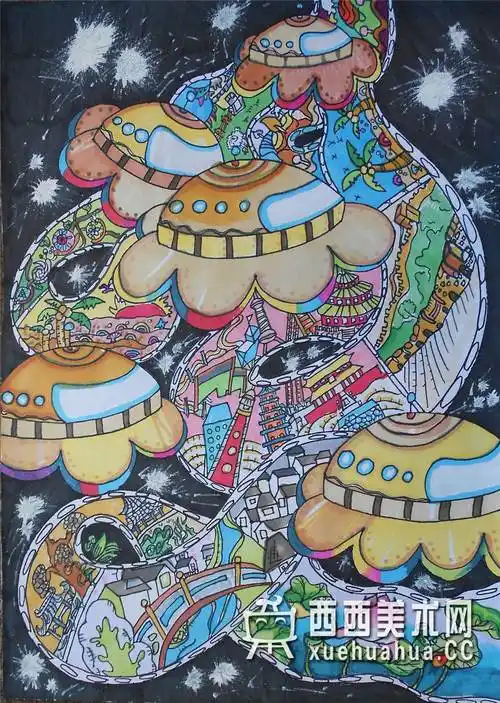 三等奖儿童获奖科幻画《全方位太空观景系统记录仪》