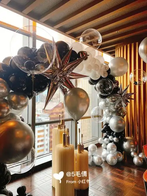 高端男士生日气球布置黑银主题生日包间
