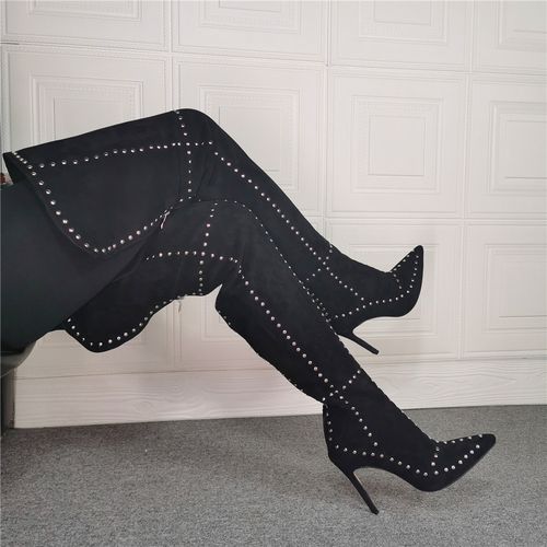 欧美外贸跨境速卖通尖头铆钉细高跟弹力过膝大码47女长筒靴大腿靴