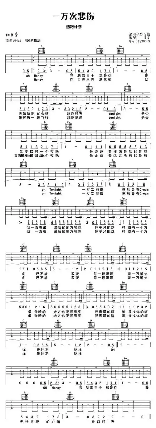 一万次悲伤吉他谱_b调弹唱六线谱_逃跑计划1