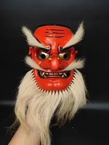 日本邦山作 一木雕 天狗面具 多毛体怪兽 品相极佳 无磕无裂
