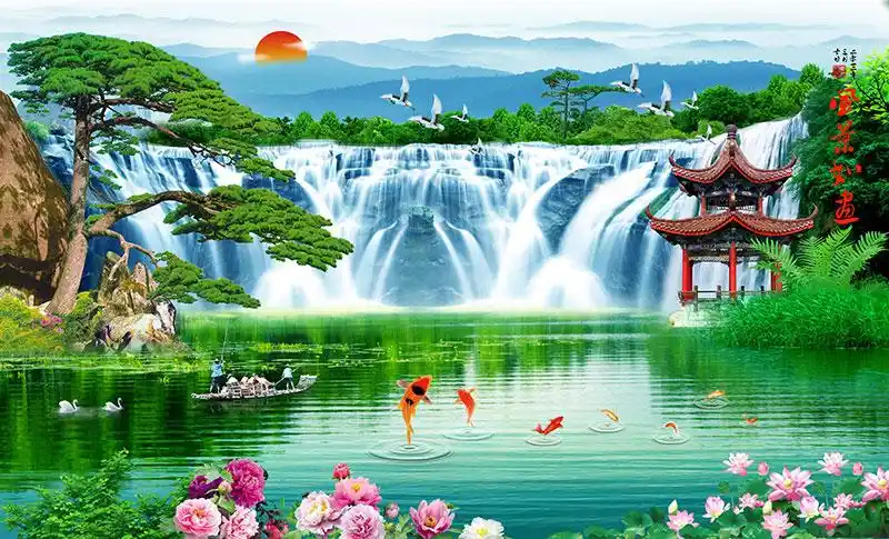 xt10390中式山水太阳仙鹤金鱼锦鲤鱼牡丹花亭子松树瀑布湖泊