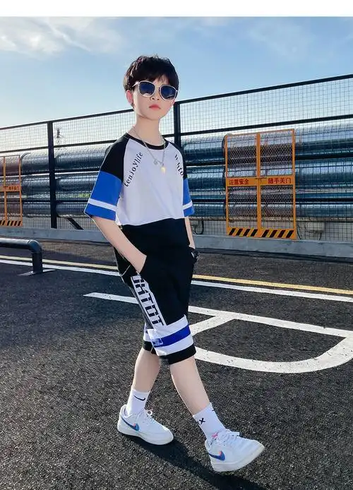 男孩衣服胖大童宽松薄款8岁12岁2022年新款运动帅气撞色两件套潮蓝色