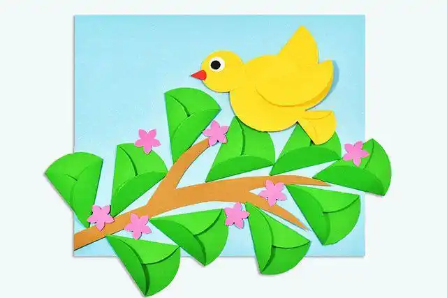 所需材料和工具:蓝色卡纸(背景),彩色手工纸(褐色,绿色,粉红色,白色