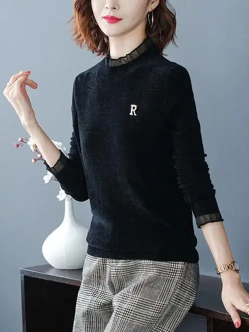 天鹅绒打底衫女秋冬内搭洋气2020年新款爆款黑色木耳领雪尼尔毛衣