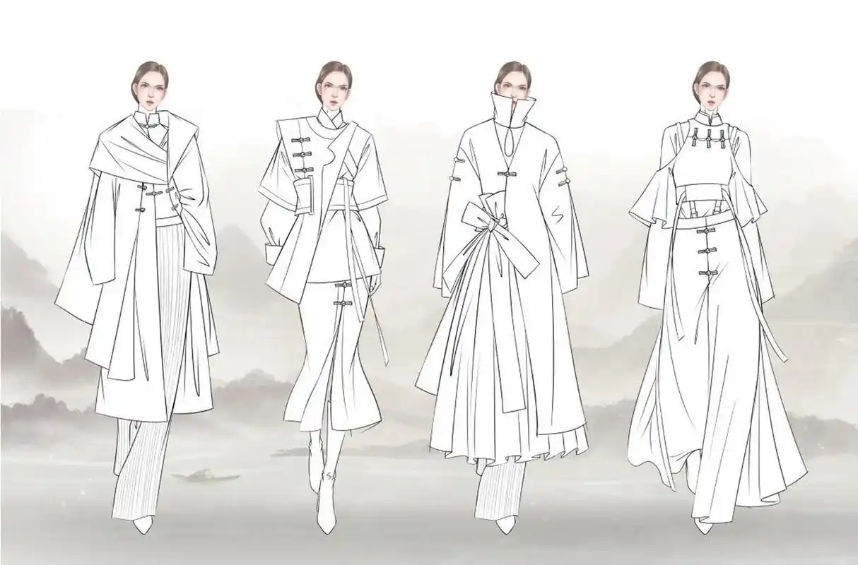 服装效果图|新中式|水墨