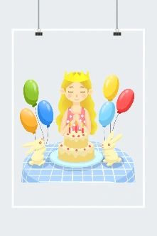 生日许愿小女孩插画卡通三层生日蛋糕蜡烛插画巧克力慕斯生日蛋糕粉色