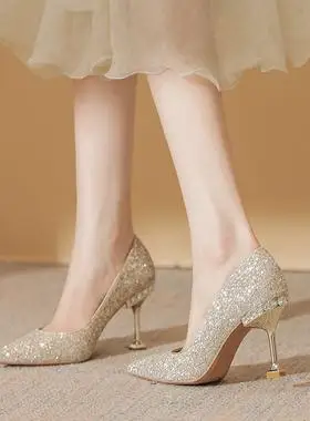 婚鞋主婚纱不累脚新娘鞋尖头香槟色水晶高跟鞋女细跟气质伴娘鞋子