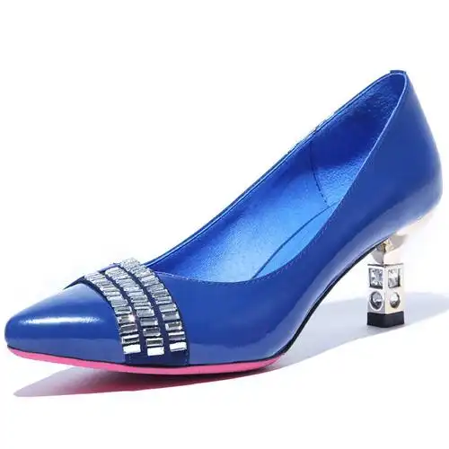 蓉杰雅丝牛皮女单鞋真皮高跟鞋水钻水晶跟女鞋子尖头 蓝色 36