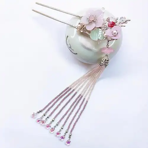 古风汉服发饰琉璃花天然珍珠流苏步摇发钗原创手工长流苏发簪子