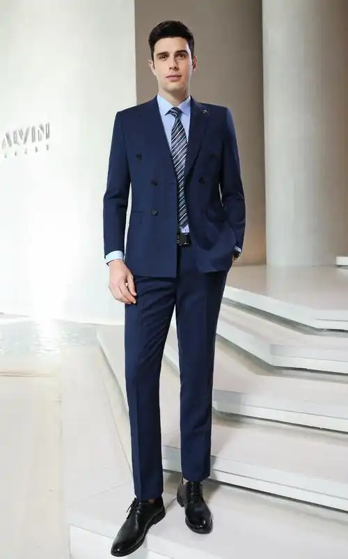 新款毛涤格子宝蓝色修身商务正装羊毛西服套装男新郎结婚礼服西装