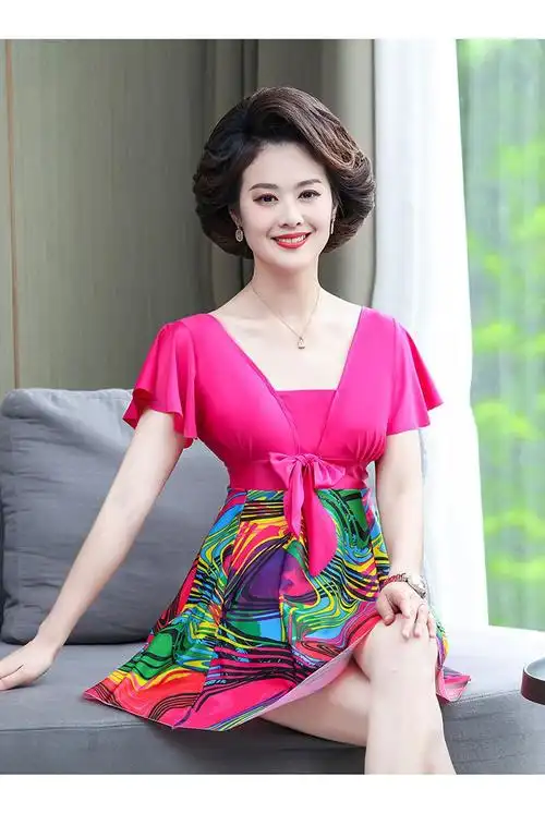 中老年人妈妈款游泳衣大码2215蓝色波纹连体泳帽4xl建议体重145160斤