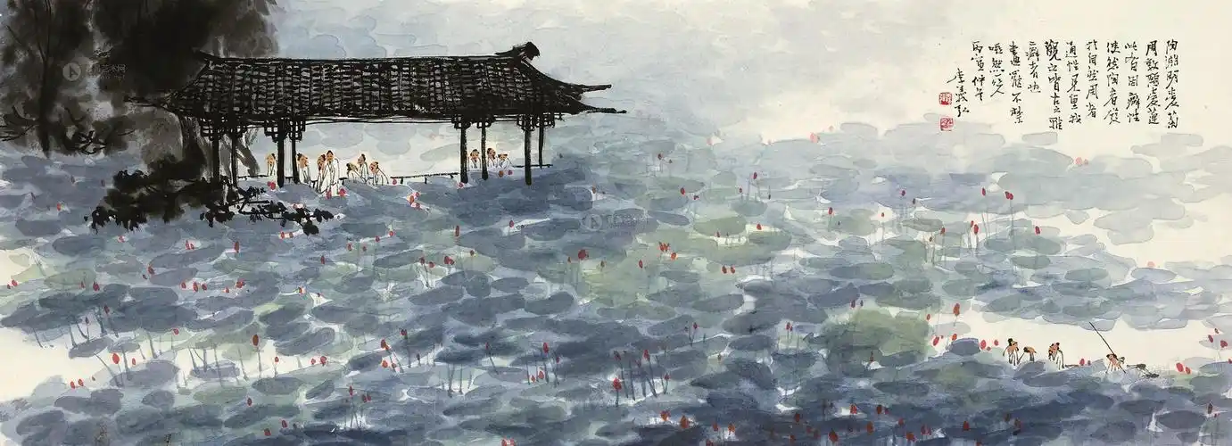 0046 荷花池 镜框 设色纸本