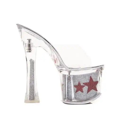 恨天高银色婚鞋粗跟防水台模特夜店演出鞋18cm/20公分超高跟凉鞋