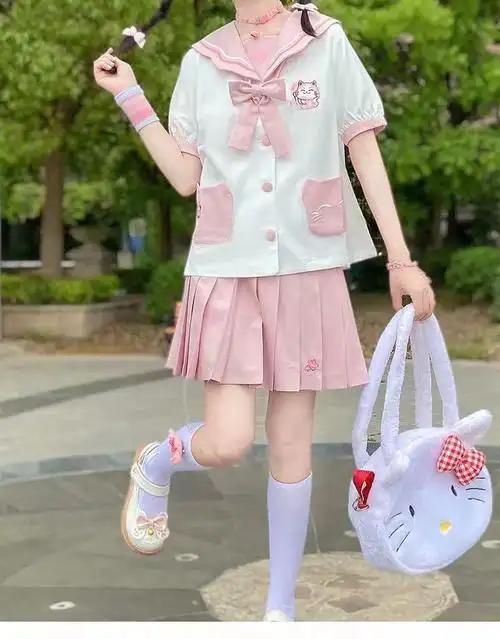 原创正统jk开运桃花猫可爱幼稚园jk制服裙春夏水手服套装