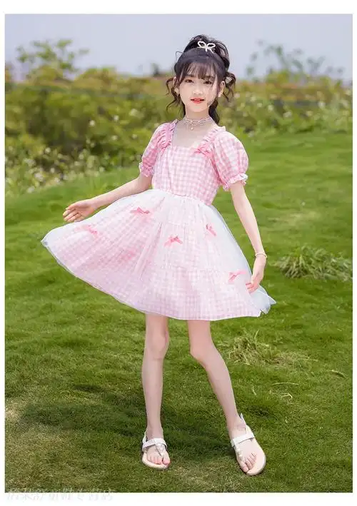 新款中大童网红洋气蓬蓬裙子夏季短袖公主裙潮413岁女孩衣服粉红色160