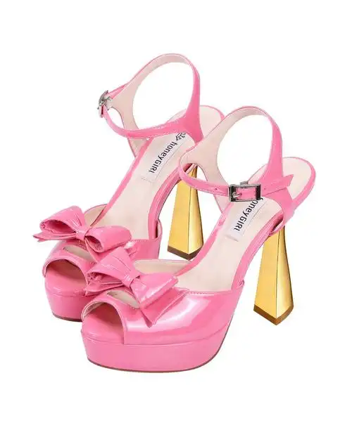桃粉色蝴蝶结防水台高跟凉鞋