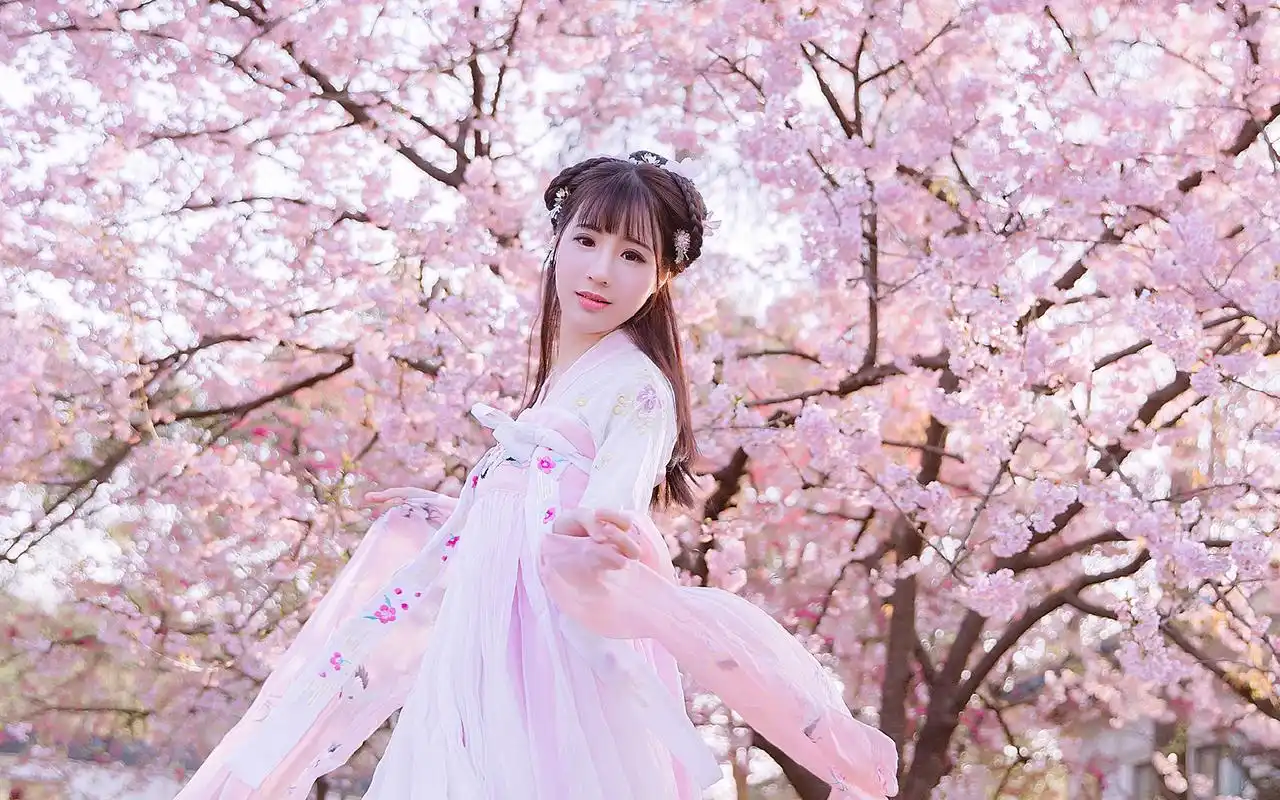 唯美古风少女粉色汉服高清壁纸