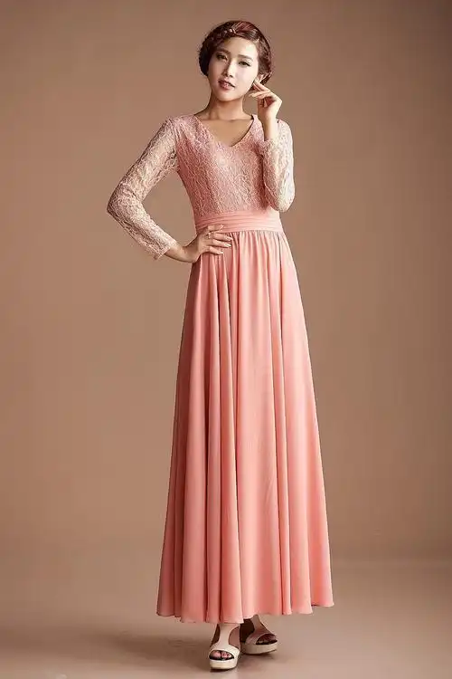 裙舞魅妃2013夏秋浪漫裸粉蕾丝拼接雪纺长袖淑女长裙连衣裙qcl799