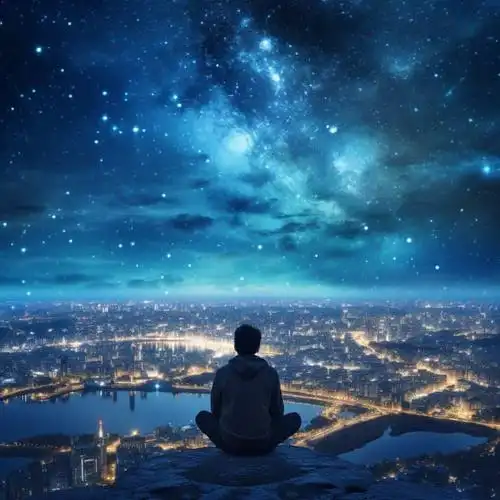 深夜男人山顶独自面对城市喧嚣灯火男生背影头像 ai孤独感星空下失恋