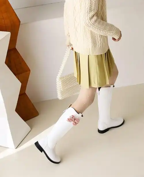 女童靴子冬季儿童高筒靴小女孩加绒中大童靴学生公主高跟皮靴 粉色a款