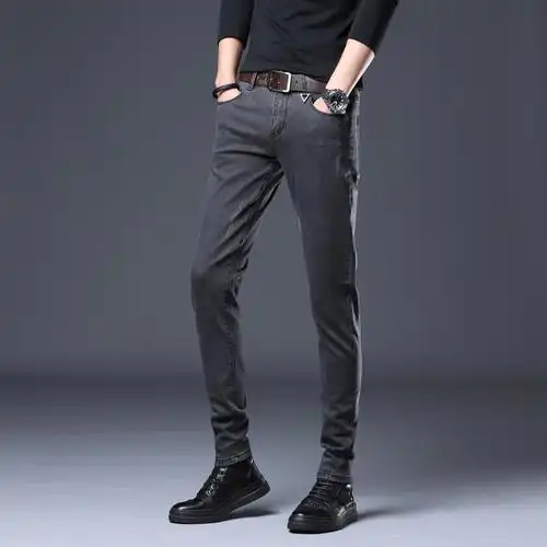 ceba韩版男士灰色弹力牛仔裤男秋冬厚款男式简约百搭紧身小脚长