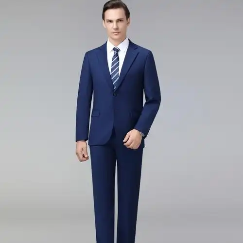宝蓝色西服套装男免烫羊毛中年正装商务西装宴会结婚礼服男装外套