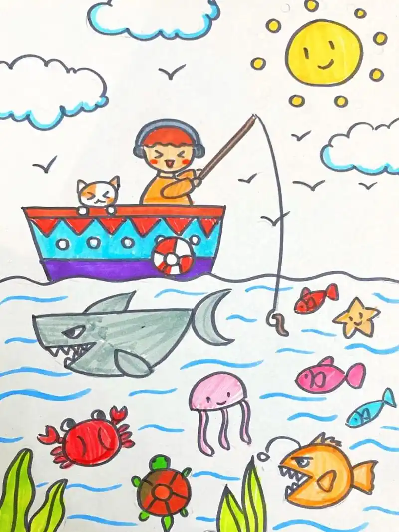 钓鱼儿童画 #马克笔# #卡通画# #儿童画