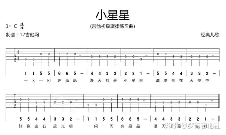 简谱入门 音谱怎么看_自学吉他第八节:入门曲目小星星