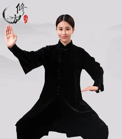 武极堂同款中老年太极拳服女加厚南韩金丝绒中长款武术练功表演服装