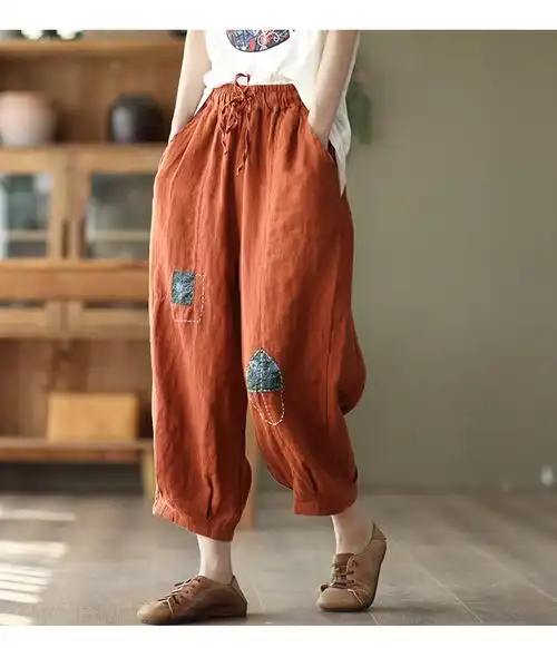 外贸法国单夏季复古贴布棉麻裤大码女裤休闲萝卜裤胖mm亚麻哈伦