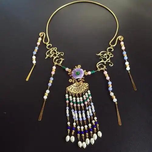 新款纯手工古装汉服璎珞项圈纯铜金色 重工手作cos 古代项圈首饰-淘宝