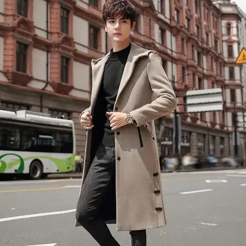 yuansu秋冬毛呢大衣男中长款韩版潮流长款过膝帅气春秋男款风衣呢子