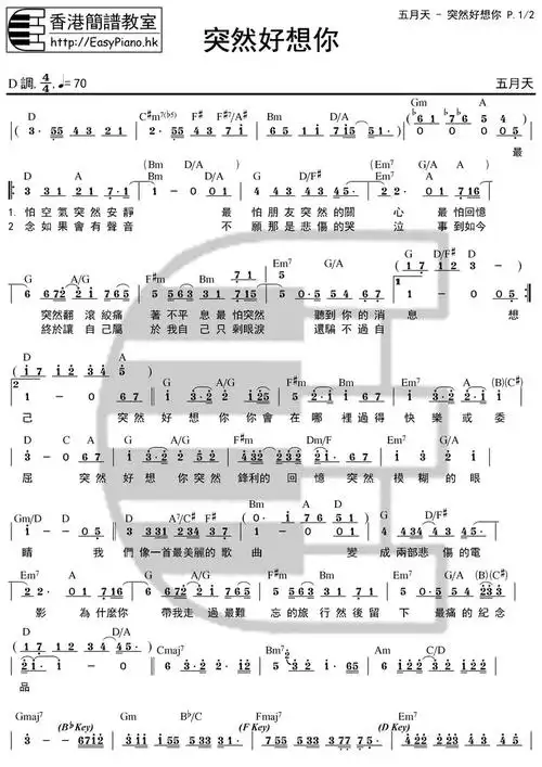 突然好想你 简谱 歌谱—五月天