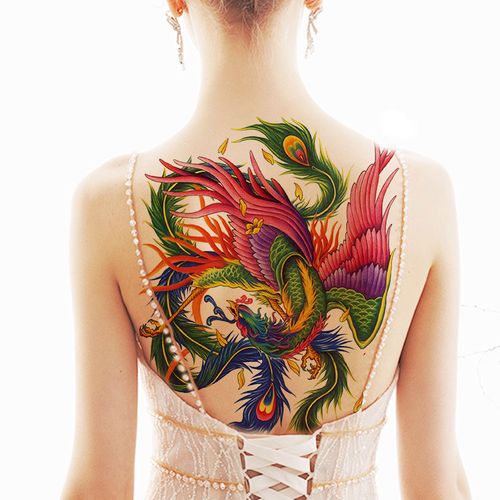 满背纹身贴防水持久男女七彩凤凰后背背部大图女生性感纹身贴纸