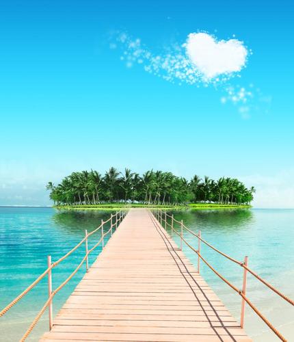 大海沙滩蓝天白云海边椰树风景主播拍视频段子直播背景布3d立体