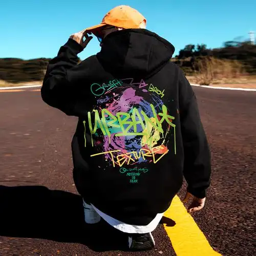 潮牌涂鸦秋季卫衣男潮ins欧美嘻哈风街头加大码男装宽松连帽外套