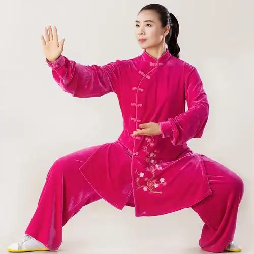 秋冬季加厚金丝绒太极服女款刺绣太极服中长款武术服练功服晨练服
