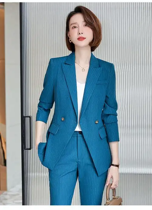 米姿月感蓝色条纹西装套装女春秋2022女装新款时尚高端通勤职业总裁