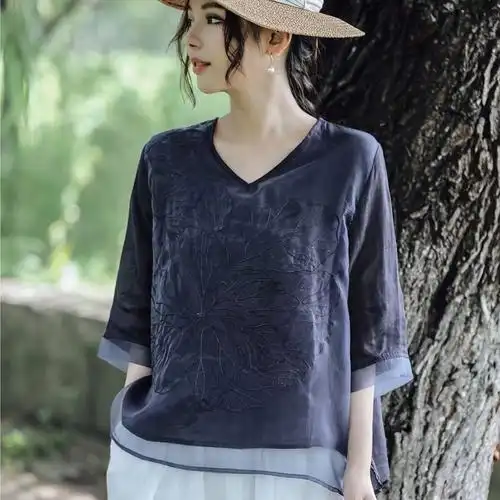 官图2023夏季新款v领双层重工刺绣苎麻衬衫女拼接欧根纱小衫上衣 - 17