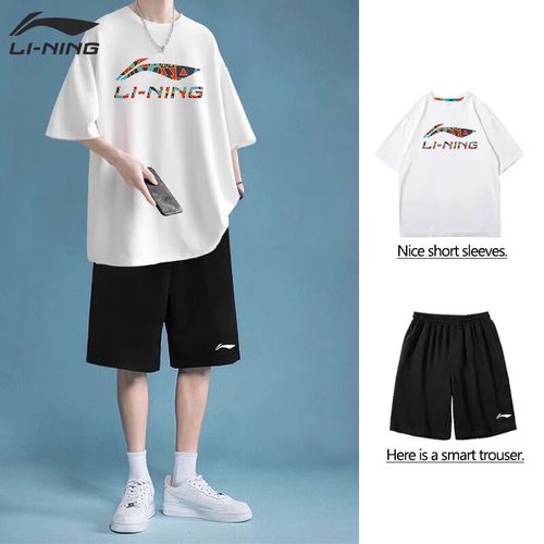 李宁运动套装男夏季新款棉质短袖短裤套装青少年宽松大码休闲两件套男