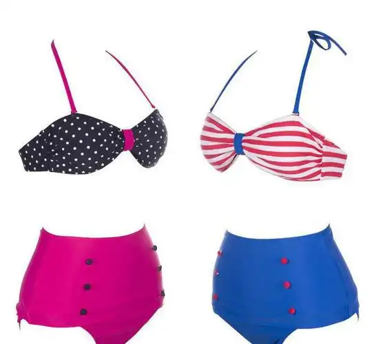 泳装泳衣新款 复古高腰女士保守平角抹胸条纹三角比基尼爆款