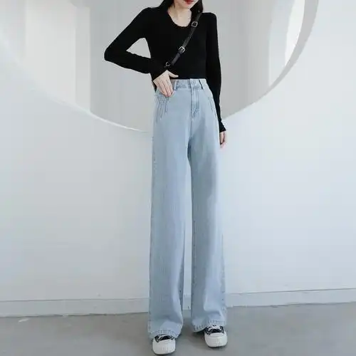 2020春夏浅色时尚直筒宽松高腰显瘦牛仔裤复古垂感拖地阔腿长裤潮