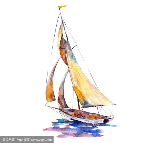 水彩插图,手绘帆船孤立对象上的白色背景.艺术印刷船与黄色的帆.